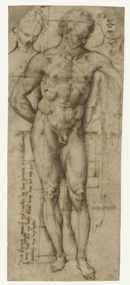 Denys Calvaert, Studie van een naakte man (Hercules?) en twee hoofden van vrouwen
