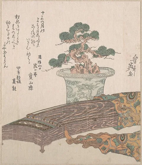 Keisai Eisen, Potted Pine Tree and Koto (Japanese Harp)
