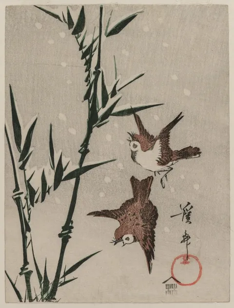 Keisai Eisen, Sparrows, Bamboo and Falling Snow