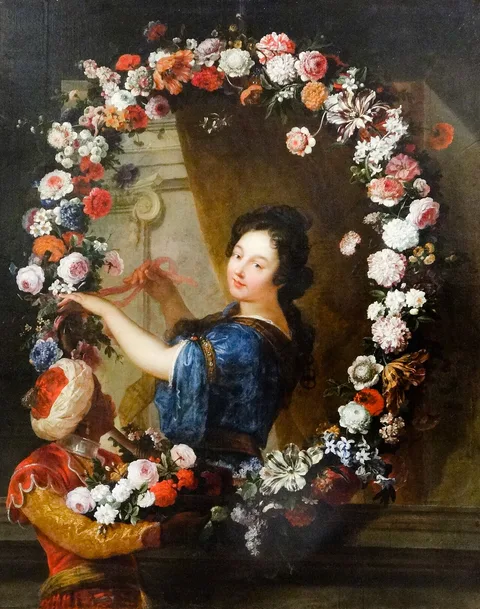 Antoine Coypel, Woman in a garland of flowers forming a medallion