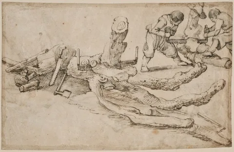 Jan van de Velde, Woodcutters Cutting Up a Tree Trunk