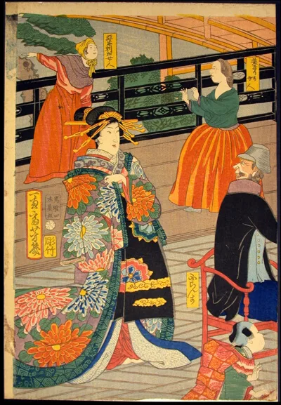 Utagawa Yoshiiku, Picture of a Banquet of People of Five Nations at the Gankiro Teahouse (Gokakoku gankiro ni oite sakamori no zu)
