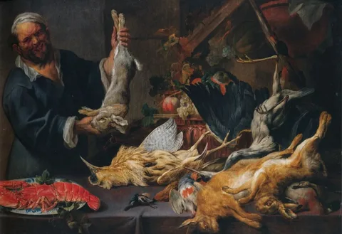 Paul de Vos, Cook holding a hare behind a table with game and a lobster