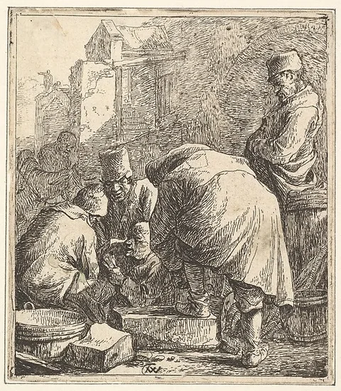 Thomas Wijck, Man Adjusting His Footwear, at Left Three Men Playing Cards