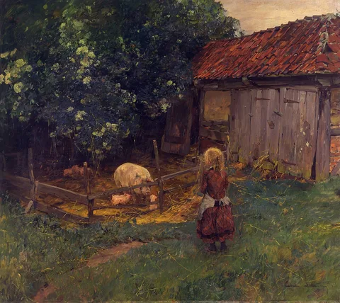 Ludwig Dettmann, In the country - idyll at the pigsty