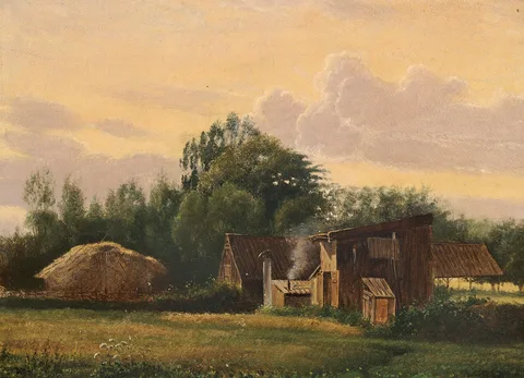 Vilhelm Kyhn, Evening landscape with sheds and trees.