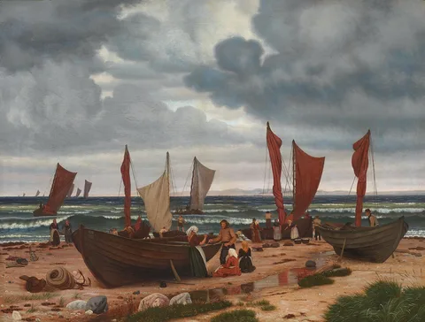 Vilhelm Kyhn, Fishermen of Hornbæk coming home from catching herring in unruly weather.