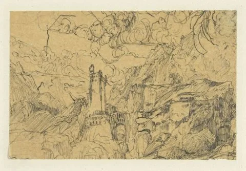 Rodolphe Bresdin, Berglandschap met een kasteel bij een overbrugde kloof