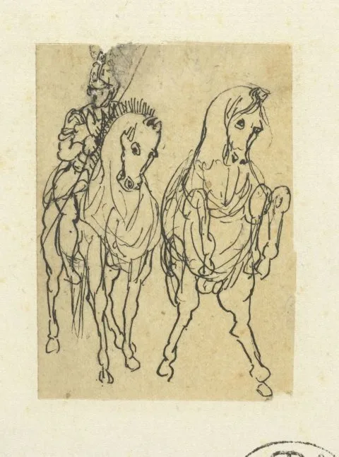 Rodolphe Bresdin, Ruiter en een springend paard, beiden van voren gezien