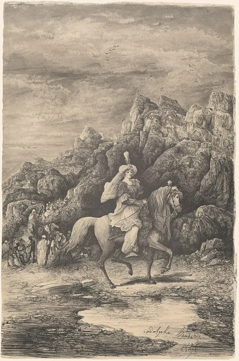 Rodolphe Bresdin, Oriental Horsewoman in a Desolate Mountain Landscape