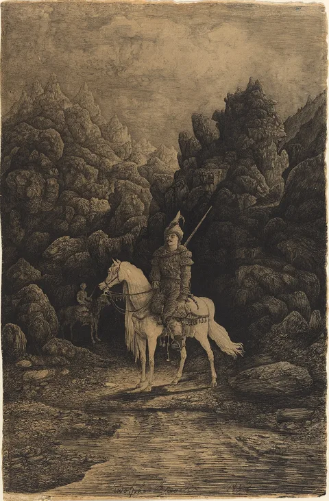 Rodolphe Bresdin, Oriental Horseman in a Desolate Mountain Landscape