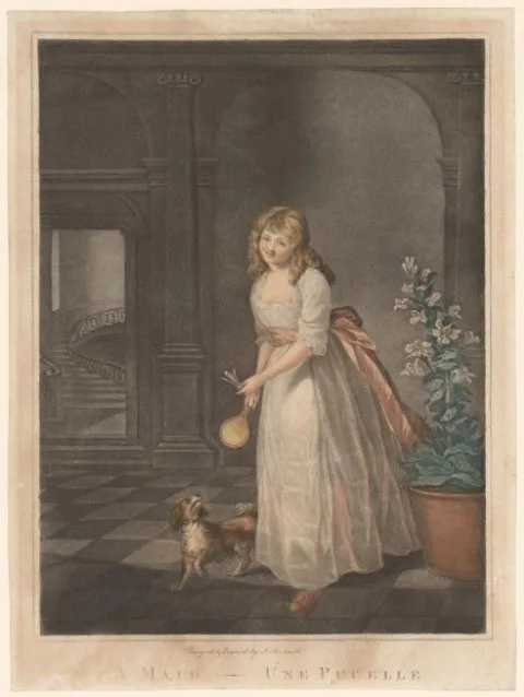 John Raphael Smith, Meisje in een hal schiet een pluimbal weg voor een kleine hond