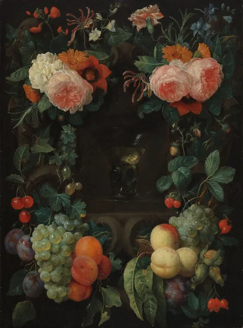 Joris van Son, Niche with rummer wine, surrounded by flowers and fruit