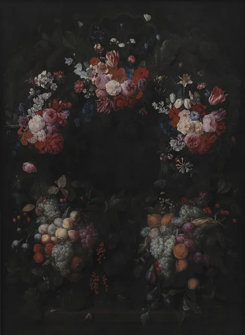 Joris van Son, Stone Cartouche with Fruit and Flower Garland