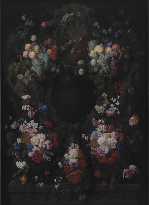 Joris van Son, Stone Cartouche with Fruit and Flower Garland