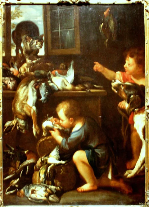 Felice Boselli, Pantry still life of game, with cat, dog and two boys