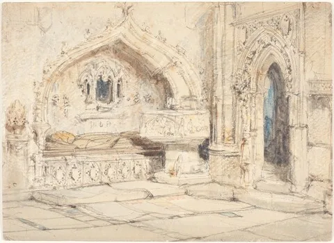 Louis Haghe, Interior of a Church with a Wall Tomb and Medieval Font