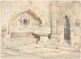 Louis Haghe, Interior of a Church with a Wall Tomb and Medieval Font