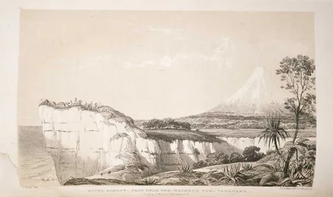 Louis Haghe, Mount Egmont from near the Waimate Pah, Taranake