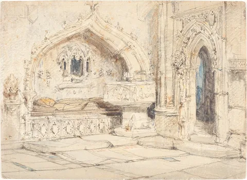 Louis Haghe, Interior of a Church with a Wall Tomb and Medieval Font