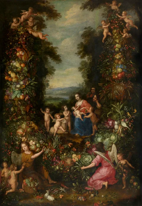 Pieter van Avont, Holy Family in a Garland with Flowers, Vegetables, and Fruit