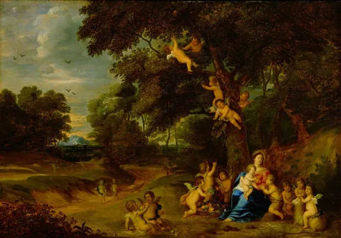 Pieter van Avont, Madonna and Child, St John the Baptist as a Boy and Angels in a Woodland Landscape