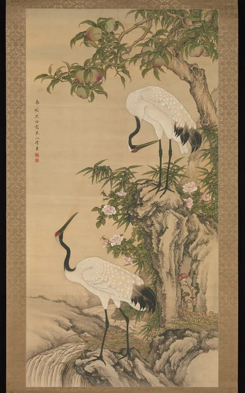 Shen Quan, Cranes, Peach Tree, and Chinese Roses