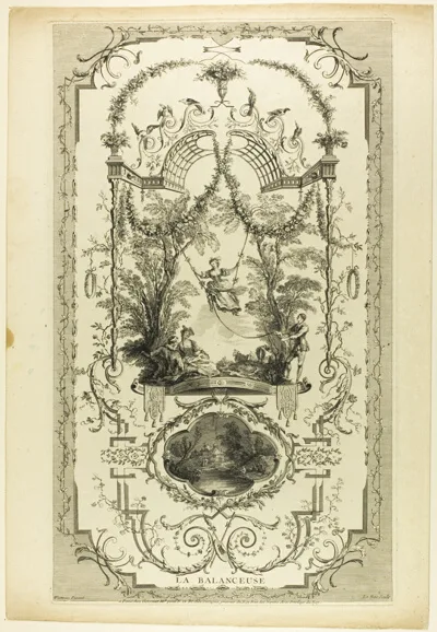 Jacques Philippe Le bas, La Balanceuse, plate 98 from "L'Oeuvre d'Antoine Watteau"