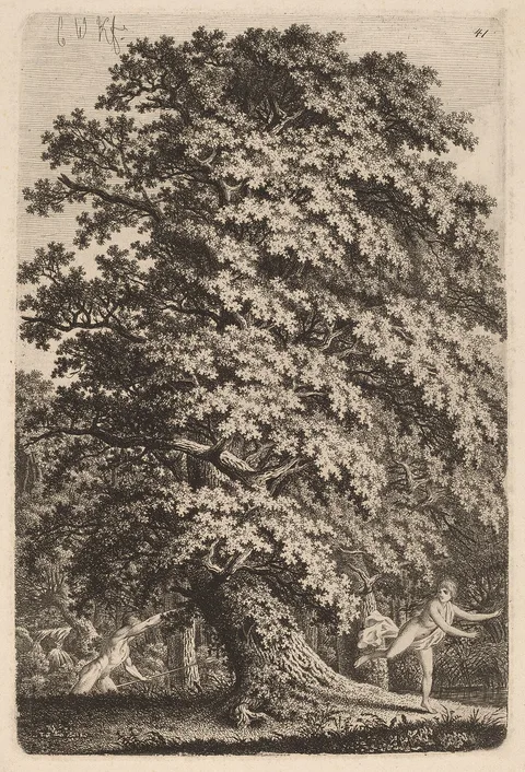 Carl Wilhelm Kolbe, A Large Oak Tree in Gehölz. A Young Man with a Spear Follows a Young Girl.