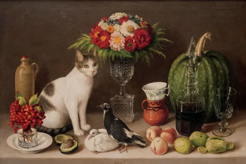 Agustín Arrieta, Still Life with Cat and Birds