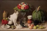 Agustín Arrieta, Still Life with Cat and Birds
