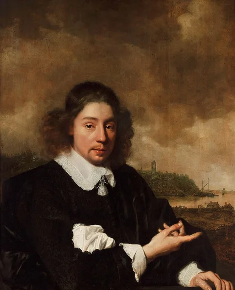 Pieter Nason, Self-portrait against landscape background