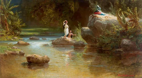 Ferdinand Bellermann, Bathers on the river (evening on the Orinoco?)