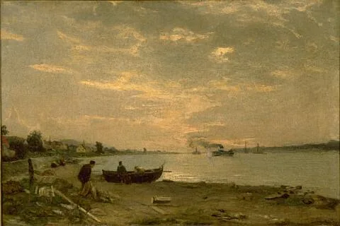 Petrus Van der Velden, River landscape with ships