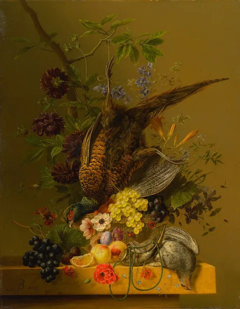 Arnoldus Bloemers, Still life with pheasant and fruit