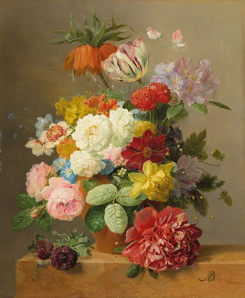 Arnoldus Bloemers, Still life with roses, peonies, tulips, narcissi, convulvulus