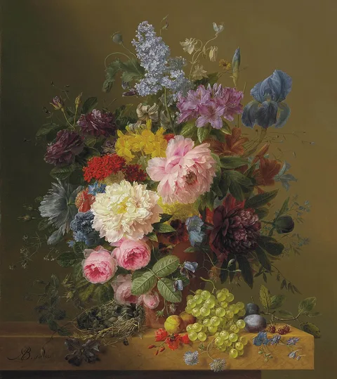 Arnoldus Bloemers, Lilacs, Peonies, Tulips, Roses, Irises and other Flowers with Fruit and a Bird's Nest on a Marble Ledge