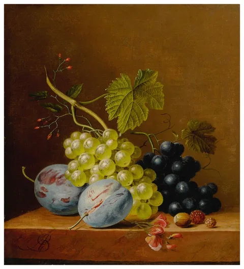 Arnoldus Bloemers, Grapes, plums, raspberries, flowers and an acorn on a wooden ledge