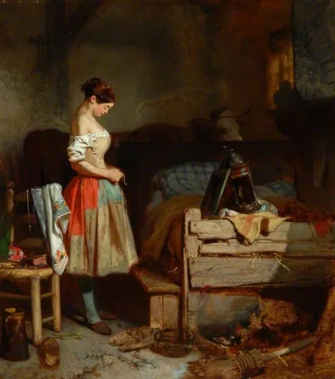 Eugène Le Poittevin, Farm Girl at Her Toilet, Lacing Her Corset