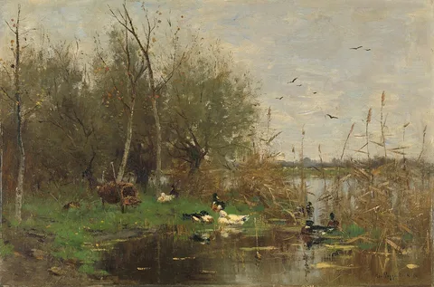 Geo Poggenbeek, Ducks beside a duck shelter on a ditch