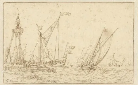 Jacobus Storck, Zeilschepen bij een steiger met een grote lantaarn