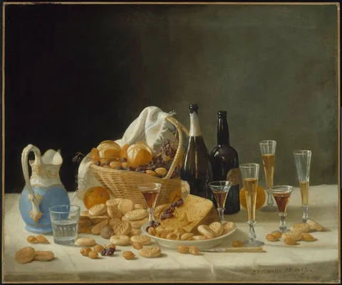 John F. Francis, Still Life with Wine Bottles and Basket of Fruit