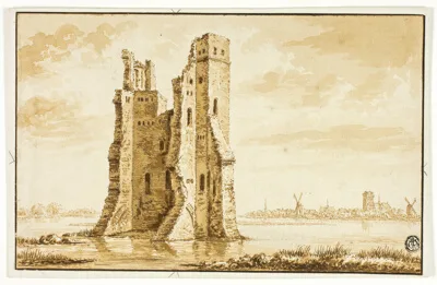 Abraham Rademaker, Ruins of the Merwede Manor seen from the Front with Dordrecht in the Background