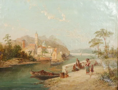 William Raymond Dommersen, River landscape with figures in foreground, village with buildings in background