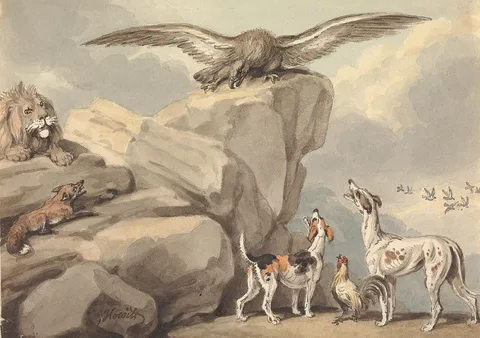 Samuel Howitt, An Eagle Perched on a Rock; Lion, Fox, Two Hounds and a Rooster (possibly for "Aesop's Fables")