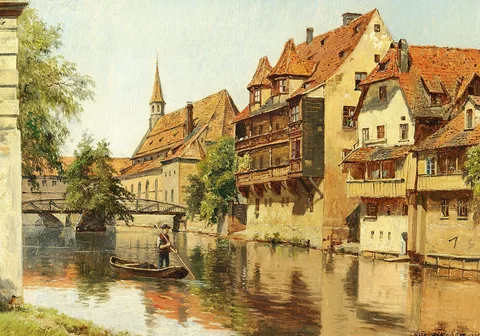August Fischer, A man in a boat in a German town.
