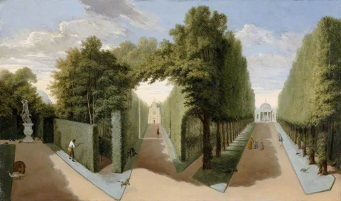 Pieter Andreas Rijsbrack, A View of Chiswick House Gardens with the Bagnio and Domed Building Alleys (a glimpse of the Dome of the Orange Tree Garden and the group of Cain and Abel)