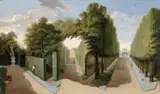 Pieter Andreas Rijsbrack, A View of Chiswick House Gardens with the Bagnio and Domed Building Alleys (a glimpse of the Dome of the Orange Tree Garden and the group of Cain and Abel)