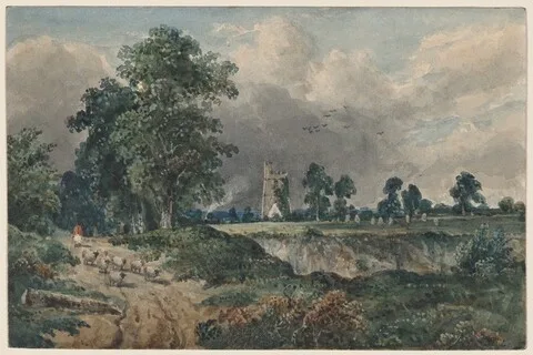 Frederick William Watts, A Drover with Sheep, a Church Beyond