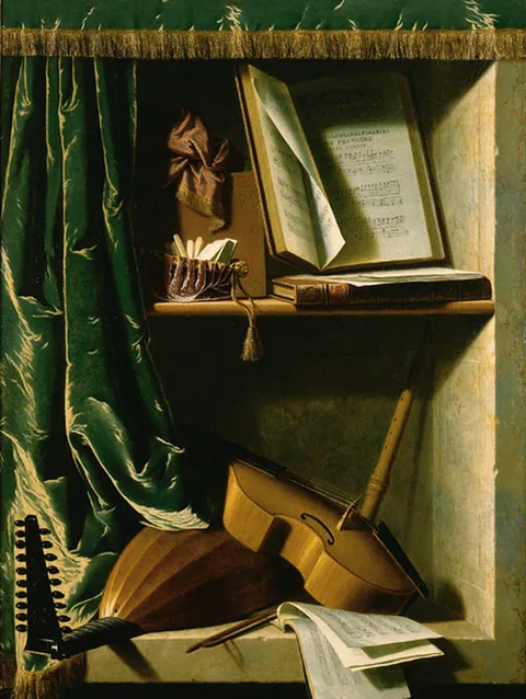 Michel Boyer, A Trompe L'oeil of a Lute, a Viol and a Recorder, with books of Music in a curtained stone niche